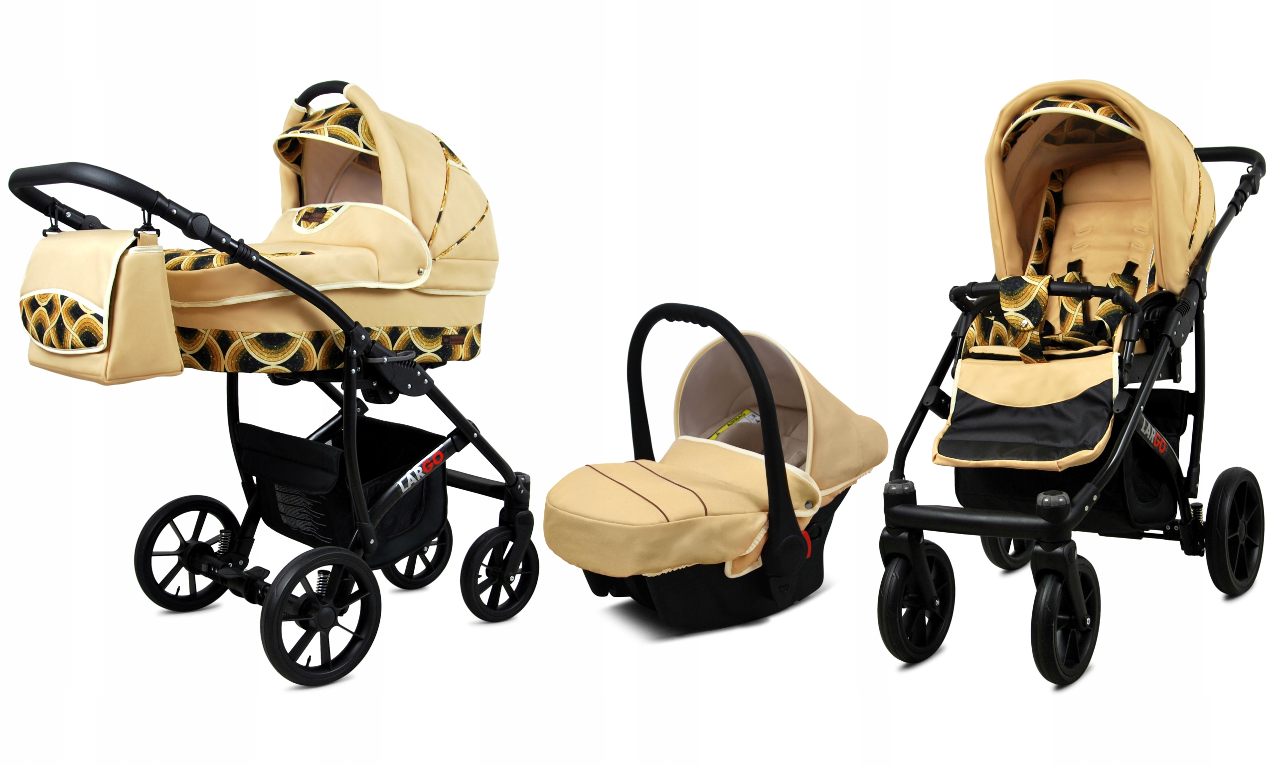 Carucior BabyLux 3 in 1 cu landou si scaun auto, culoare Negru Bej, pe drum in parc