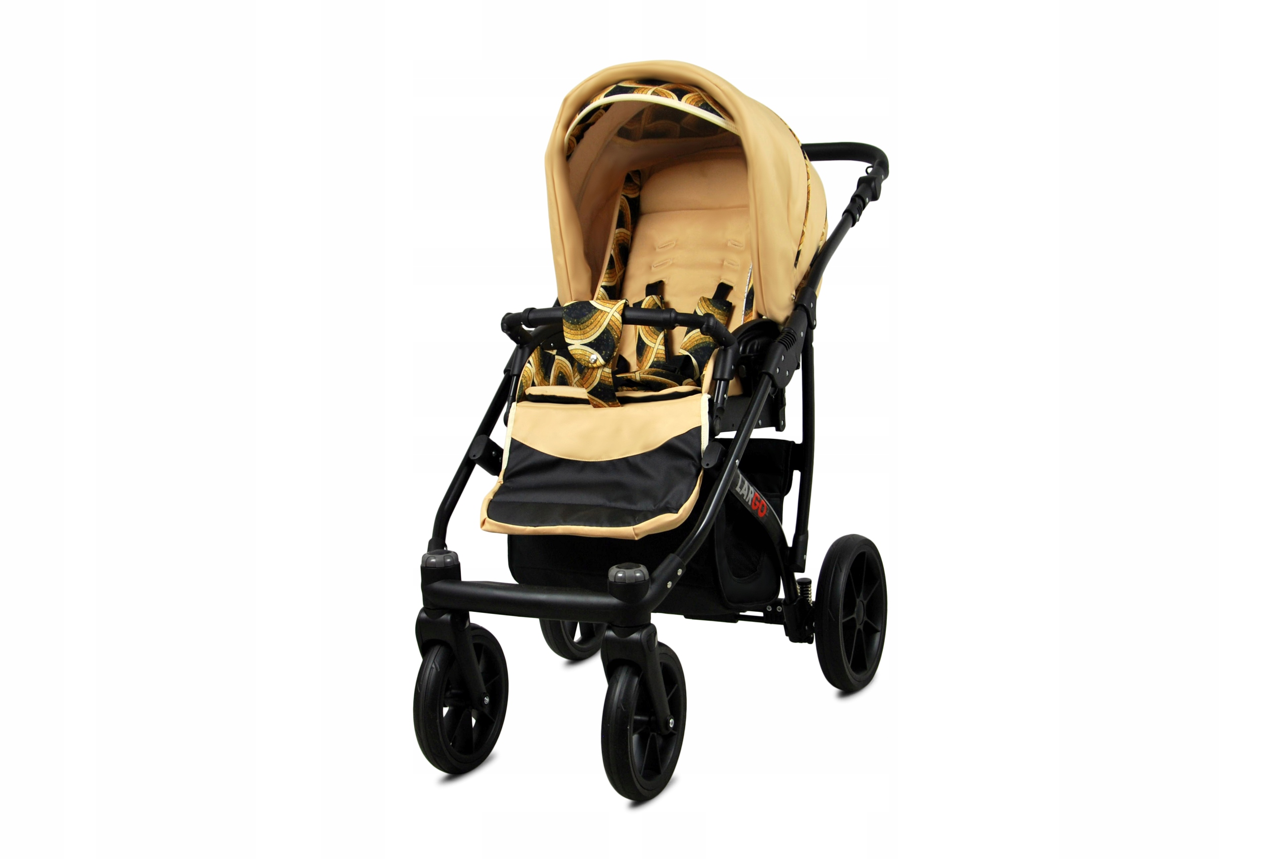 Detaliu roti amortizate si cadru rezistent din aluminiu ale caruciorului BabyLux.